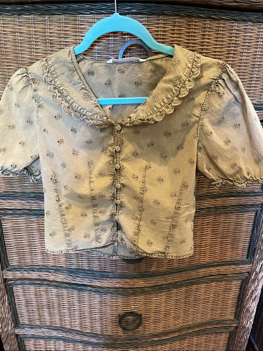 Zara Olive Green Embroidered Eyelet Peter Pan Collar Top
